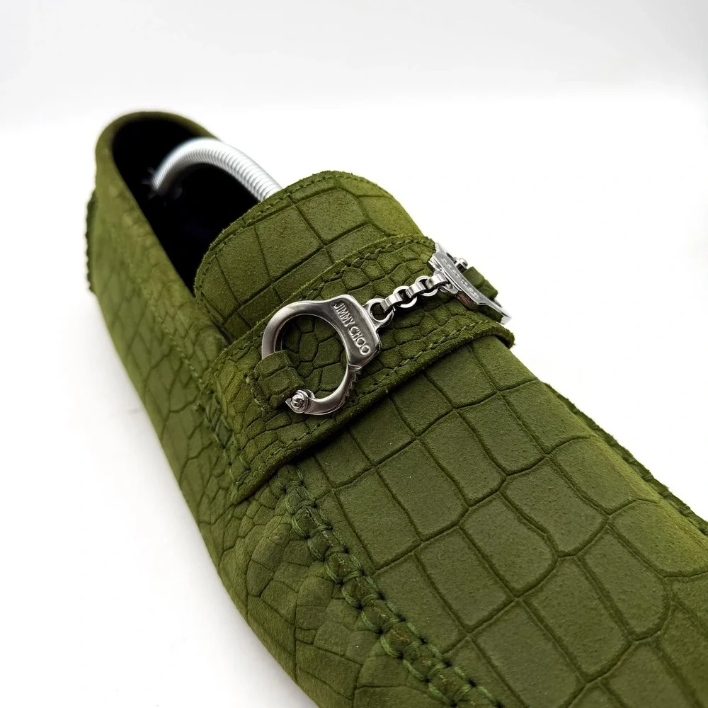 Jimmy Choo Croc Embossed Suede Driving Loafers Green Silver Hardware Size 46